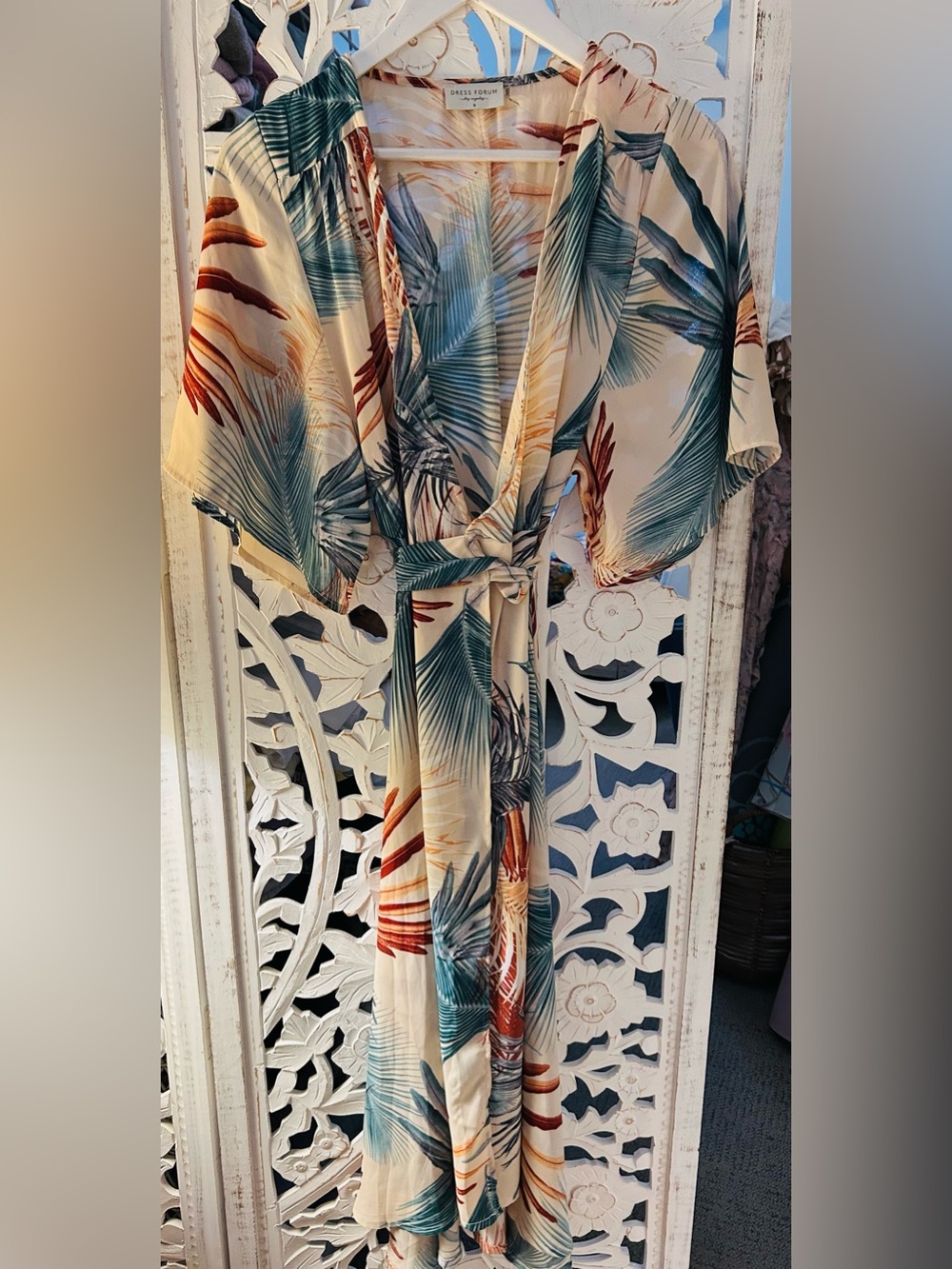 Dress Forum Cream, Teal & Rust Tropical Leaf Kimono Cover Up